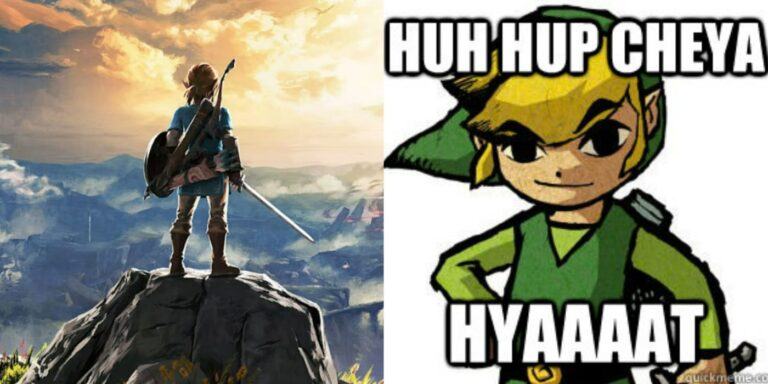 A split image showing the cover image for Zelda: Breath of the Wild on the left and a meme of Link on the right