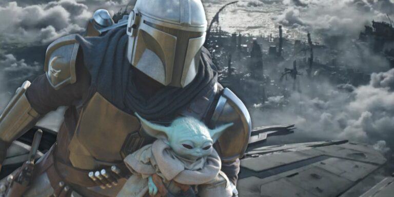 The Mandalorian and Grogu flying in fron of Mandalore, as seen in the Mandalorian season 3 teasers.