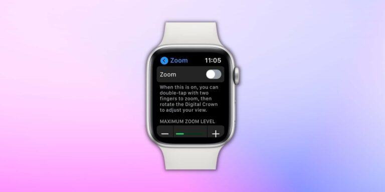 Image of an Apple Watch with the Zoom Accessibility feature on the screen on a gradient background