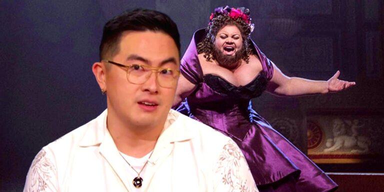 Bowen Yang from SNL superimposed over Keala Settle singing as the bearded lady in The Greatest Showman