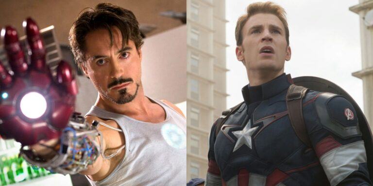 A split image of Tony Stark and Steve Rogers