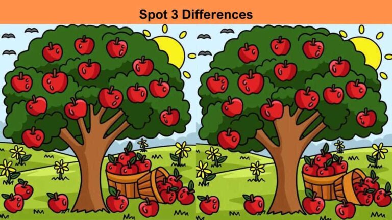 Spot 3 differences between the apple tree pictures in 11 seconds